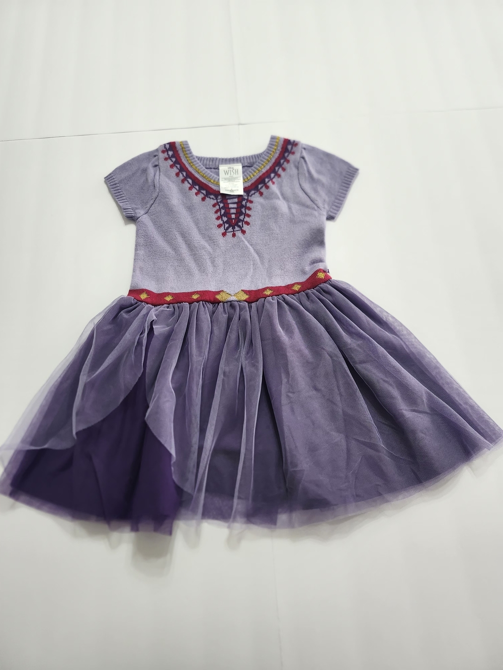 Disney Wish Purple Lilac Tulle Girl's Knit Dress with Red Trim Size 4T
